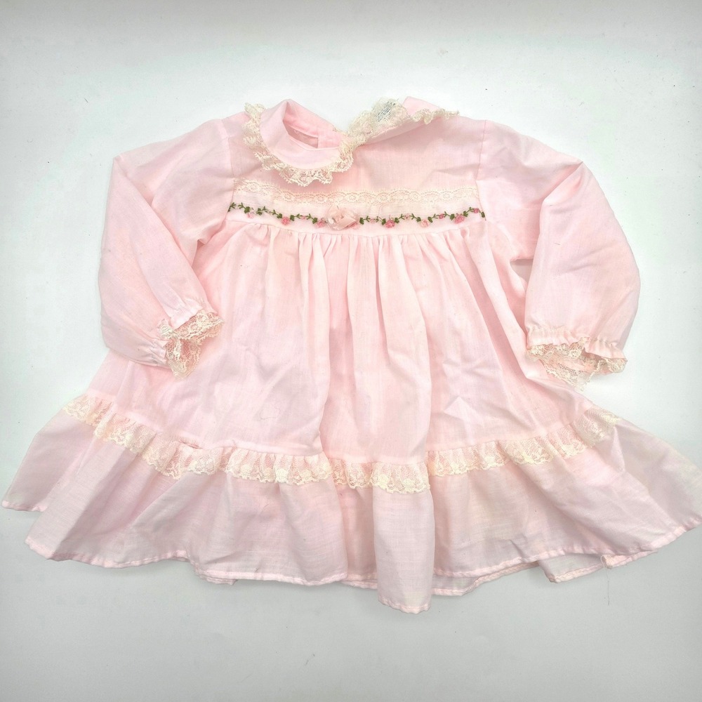 Vintage Alexis Baby Girl Pink Lace Floral Embroidered Dress 9 Months Made in USA